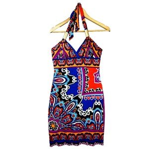 Cache Cache Mini Dress Womens 4 Bold Paisley Stretch Halter Neck Beach Cocktail